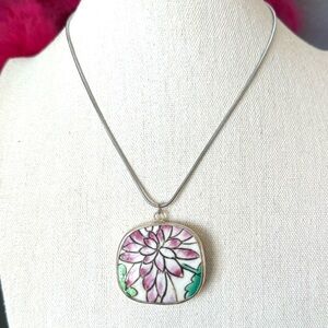 Artisan Porcelain Floral Pendant with Chain